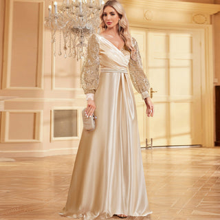 A-Line Long Sleeve Sequin Evening Dress Formal Prom Gown with V-neck - Rosymae