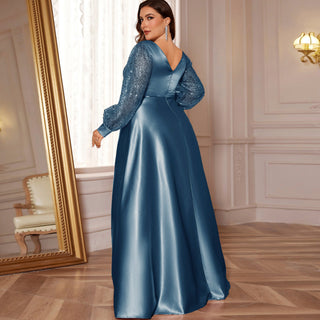 A-Line Long Sleeve Sequin Evening Dress Formal Prom Gown with V-neck - Rosymae