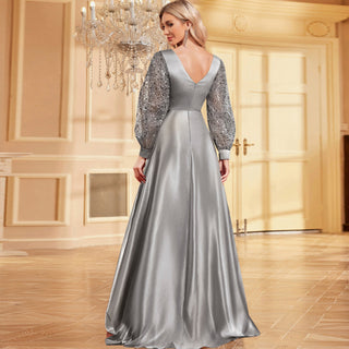 A-Line Long Sleeve Sequin Evening Dress Formal Prom Gown with V-neck - Rosymae