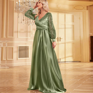 A-Line Long Sleeve Sequin Evening Dress Formal Prom Gown with V-neck - Rosymae