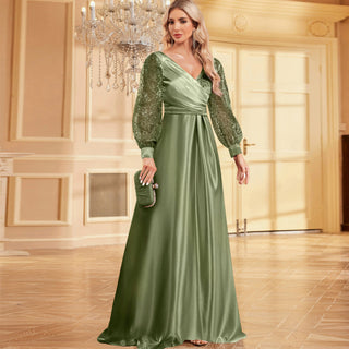 A-Line Long Sleeve Sequin Evening Dress Formal Prom Gown with V-neck - Rosymae