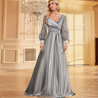 A-Line Long Sleeve Sequin Evening Dress Formal Prom Gown with V-neck - Rosymae