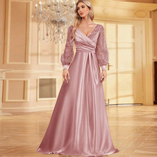 A-Line Long Sleeve Sequin Evening Dress Formal Prom Gown with V-neck - Rosymae