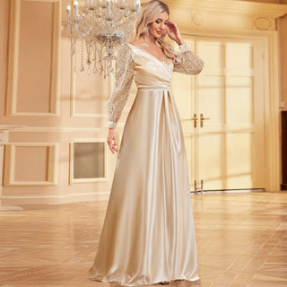 A-Line Long Sleeve Sequin Evening Dress Formal Prom Gown with V-neck - Rosymae