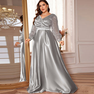 A-Line Long Sleeve Sequin Evening Dress Formal Prom Gown with V-neck - Rosymae