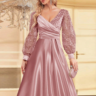 A-Line Long Sleeve Sequin Evening Dress Formal Prom Gown with V-neck - Rosymae