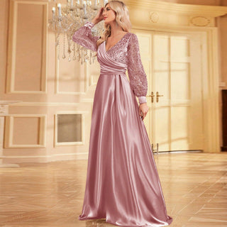 A-Line Long Sleeve Sequin Evening Dress Formal Prom Gown with V-neck - Rosymae