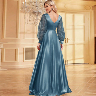 A-Line Long Sleeve Sequin Evening Dress Formal Prom Gown with V-neck - Rosymae
