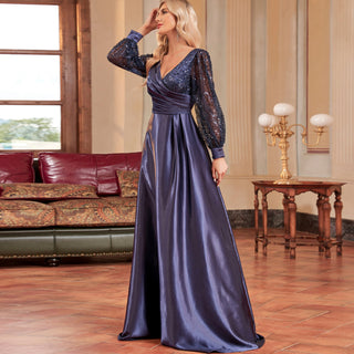 A-Line Long Sleeve Sequin Evening Dress Formal Prom Gown with V-neck - Rosymae
