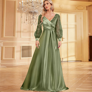A-Line Long Sleeve Sequin Evening Dress Formal Prom Gown with V-neck - Rosymae