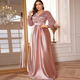 A-Line Long Sleeve Sequin Evening Dress Formal Prom Gown with V-neck - Rosymae