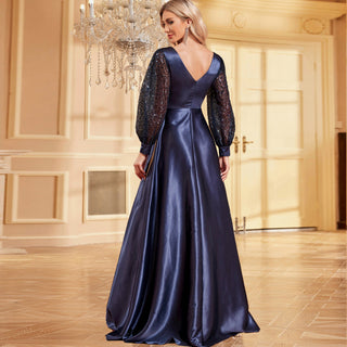 A-Line Long Sleeve Sequin Evening Dress Formal Prom Gown with V-neck - Rosymae