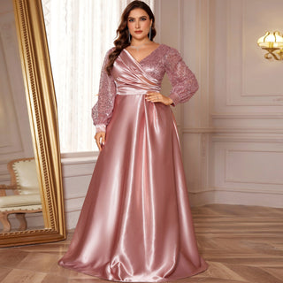 A-Line Long Sleeve Sequin Evening Dress Formal Prom Gown with V-neck - Rosymae