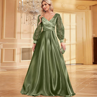 A-Line Long Sleeve Sequin Evening Dress Formal Prom Gown with V-neck - Rosymae