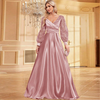 A-Line Long Sleeve Sequin Evening Dress Formal Prom Gown with V-neck - Rosymae