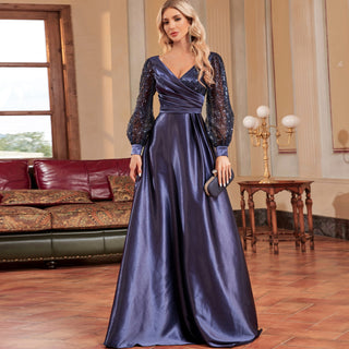 A-Line Long Sleeve Sequin Evening Dress Formal Prom Gown with V-neck - Rosymae