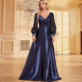 A-Line Long Sleeve Sequin Evening Dress Formal Prom Gown with V-neck - Rosymae