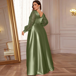 A-Line Long Sleeve Sequin Evening Dress Formal Prom Gown with V-neck - Rosymae