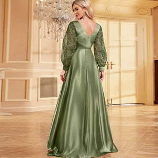 A-Line Long Sleeve Sequin Evening Dress Formal Prom Gown with V-neck - Rosymae