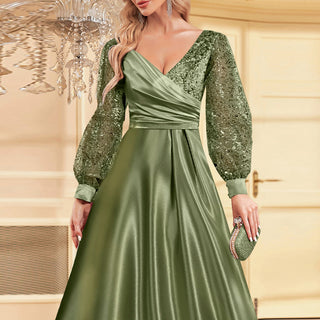 A-Line Long Sleeve Sequin Evening Dress Formal Prom Gown with V-neck - Rosymae