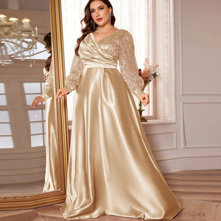 A-Line Long Sleeve Sequin Evening Dress Formal Prom Gown with V-neck - Rosymae