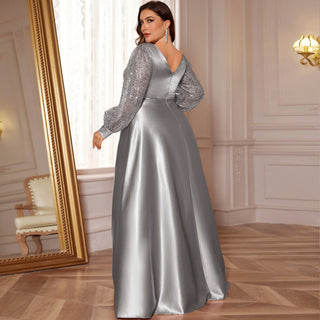 A-Line Long Sleeve Sequin Evening Dress Formal Prom Gown with V-neck - Rosymae