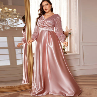 A-Line Long Sleeve Sequin Evening Dress Formal Prom Gown with V-neck - Rosymae