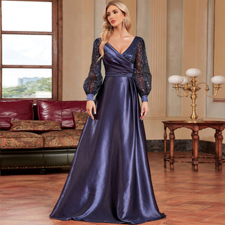 A-Line Long Sleeve Sequin Evening Dress Formal Prom Gown with V-neck - Rosymae