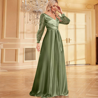A-Line Long Sleeve Sequin Evening Dress Formal Prom Gown with V-neck - Rosymae