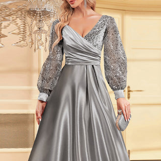 A-Line Long Sleeve Sequin Evening Dress Formal Prom Gown with V-neck - Rosymae