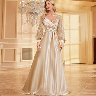 A-Line Long Sleeve Sequin Evening Dress Formal Prom Gown with V-neck - Rosymae