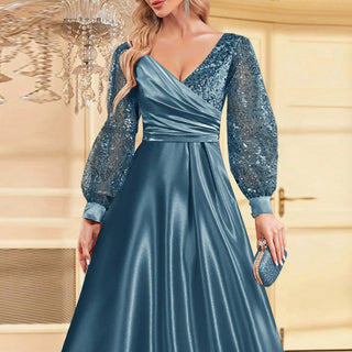 A-Line Long Sleeve Sequin Evening Dress Formal Prom Gown with V-neck - Rosymae