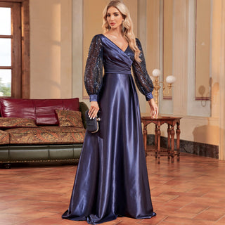 A-Line Long Sleeve Sequin Evening Dress Formal Prom Gown with V-neck - Rosymae