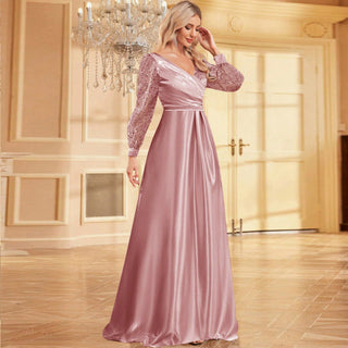 A-Line Long Sleeve Sequin Evening Dress Formal Prom Gown with V-neck - Rosymae