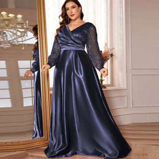 A-Line Long Sleeve Sequin Evening Dress Formal Prom Gown with V-neck - Rosymae