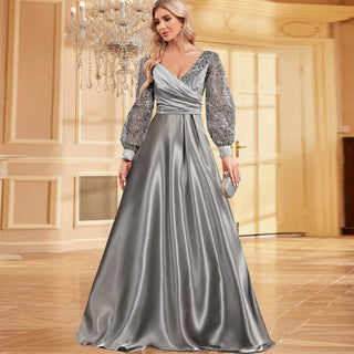 A-Line Long Sleeve Sequin Evening Dress Formal Prom Gown with V-neck - Rosymae