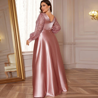 A-Line Long Sleeve Sequin Evening Dress Formal Prom Gown with V-neck - Rosymae