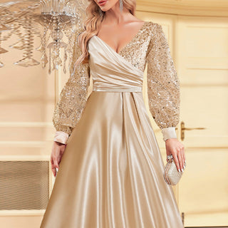A-Line Long Sleeve Sequin Evening Dress Formal Prom Gown with V-neck - Rosymae
