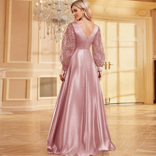 A-Line Long Sleeve Sequin Evening Dress Formal Prom Gown with V-neck - Rosymae