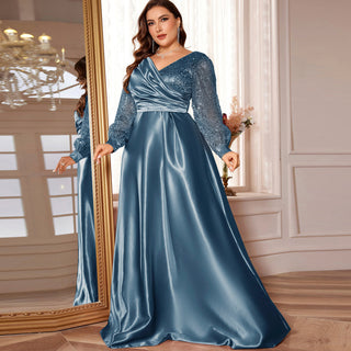 A-Line Long Sleeve Sequin Evening Dress Formal Prom Gown with V-neck - Rosymae