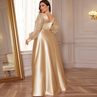 A-Line Long Sleeve Sequin Evening Dress Formal Prom Gown with V-neck - Rosymae