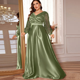 A-Line Long Sleeve Sequin Evening Dress Formal Prom Gown with V-neck - Rosymae