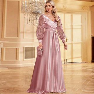 A-Line Long Sleeve Sequin Evening Dress Formal Prom Gown with V-neck - Rosymae
