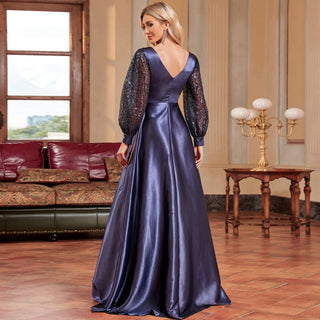 A-Line Long Sleeve Sequin Evening Dress Formal Prom Gown with V-neck - Rosymae
