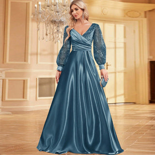 A-Line Long Sleeve Sequin Evening Dress Formal Prom Gown with V-neck - Rosymae
