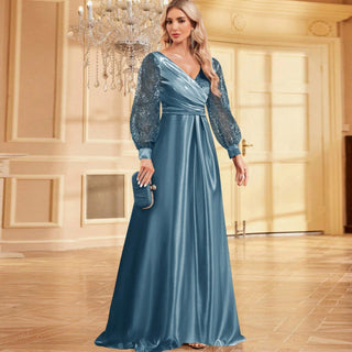 A-Line Long Sleeve Sequin Evening Dress Formal Prom Gown with V-neck - Rosymae