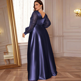 A-Line Long Sleeve Sequin Evening Dress Formal Prom Gown with V-neck - Rosymae