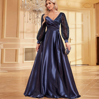 A-Line Long Sleeve Sequin Evening Dress Formal Prom Gown with V-neck - Rosymae