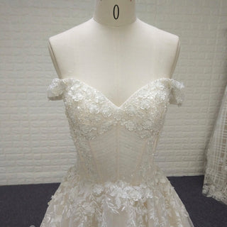 A-line Off the Shoulder Lace Applique Wedding Dress with Pearls - Rosymae