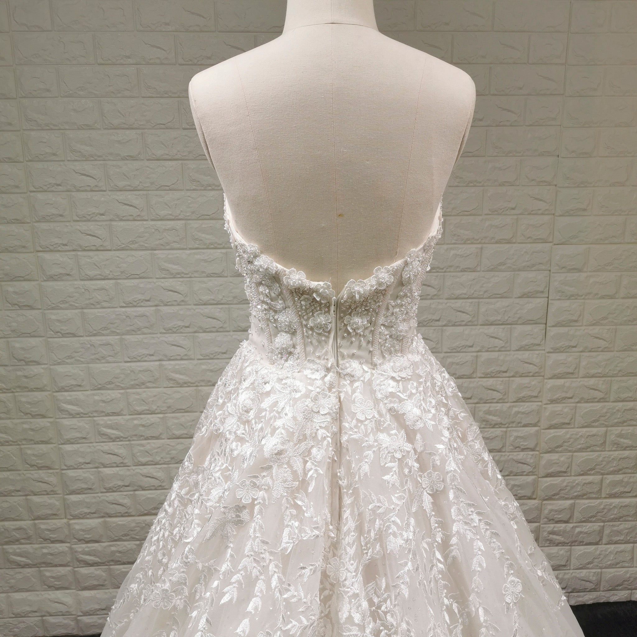 A-line Off the Shoulder Lace Applique Wedding Dress with Pearls - Rosymae